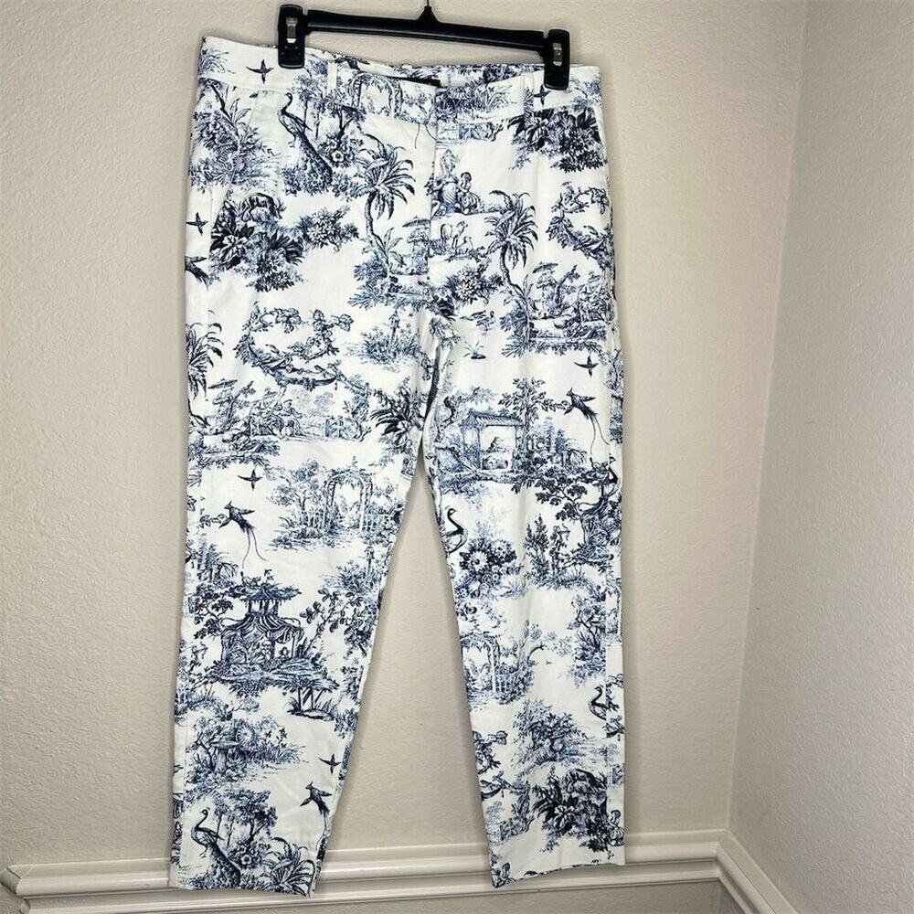 Zara Woman Pants Blue Geometric Chino Size 8 Cropped Stretch Casual